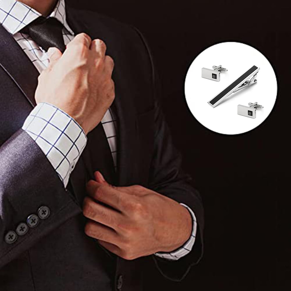 Rockyu ネクタイピン カフスセット メンズ 黒ジルコニア 長方形 ステンレス