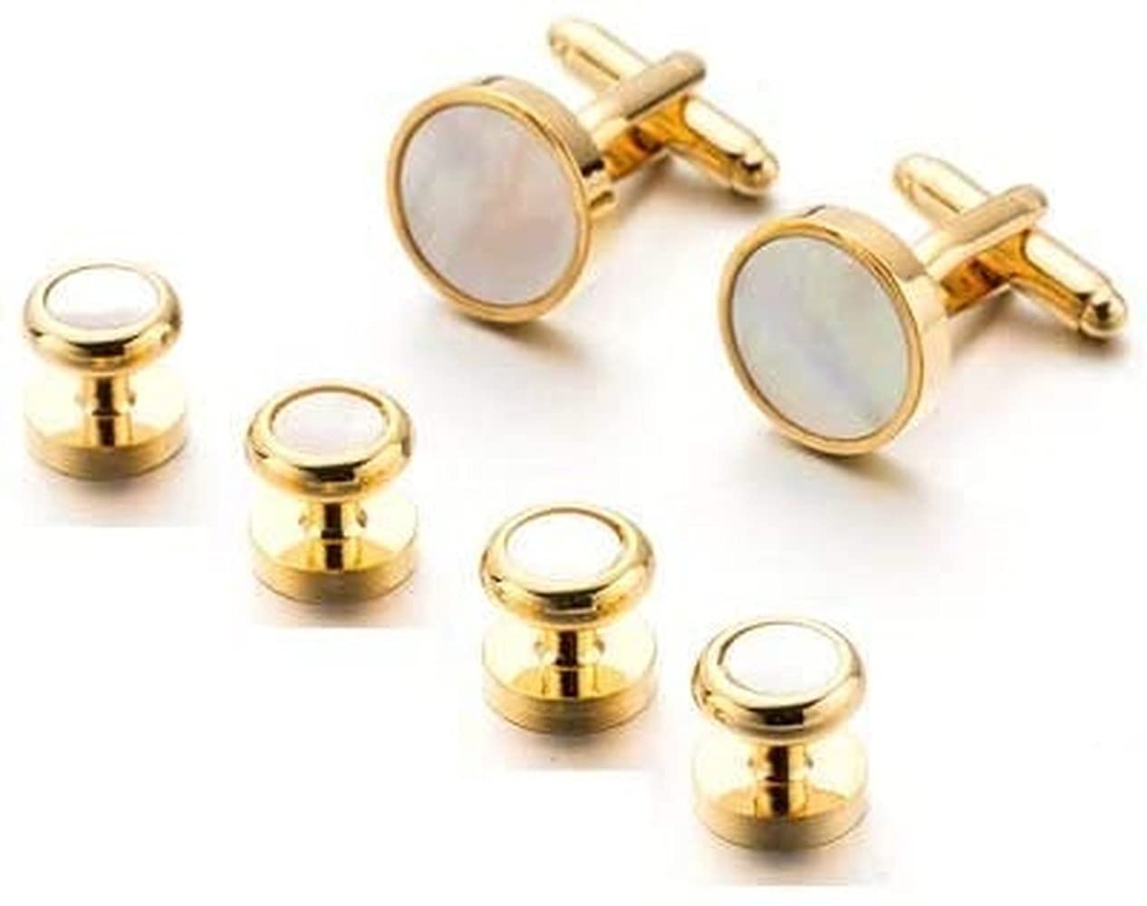 Rockyu メンズ カフスボタン セット 白蝶貝 ステンレス ゴールド シルバー スタッド 結婚式 ビジネス