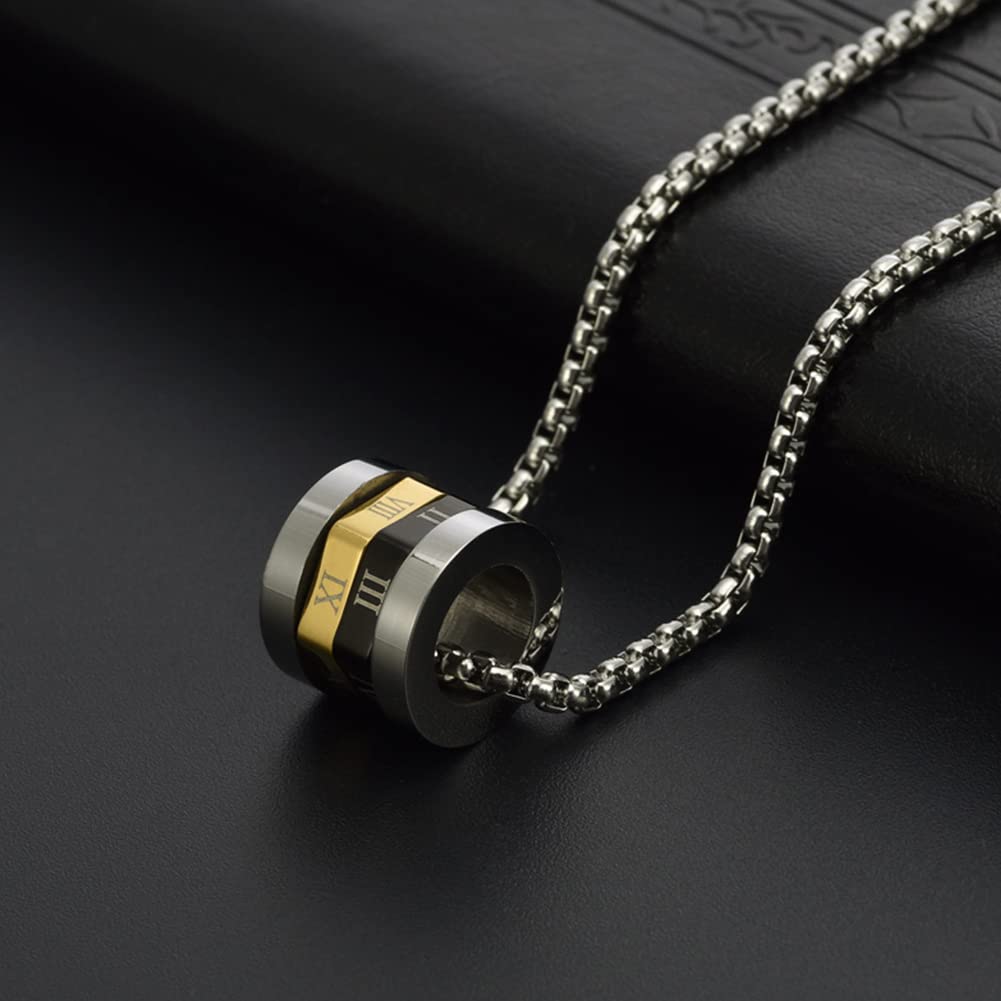 Rockyu ネックレス メンズ ブランド シルバー ローマ字 回転可能 ローマ数字ネックレス ゴールド ブラック リングペンダント チタン