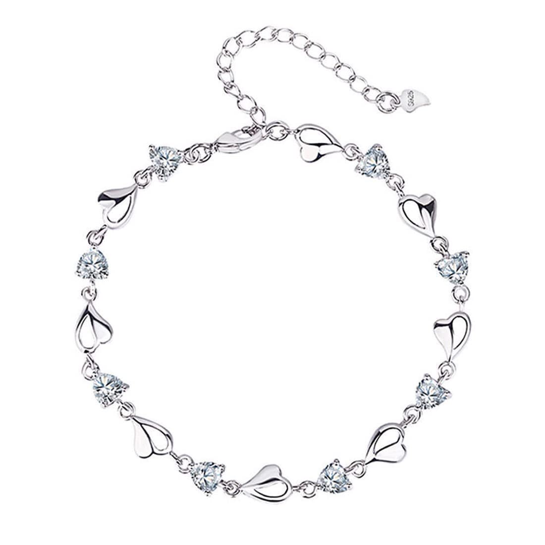 Rockyu ハートクリスタルブレスレット レディース – アレルギー対応 細身シルバーチェーン（全4色）