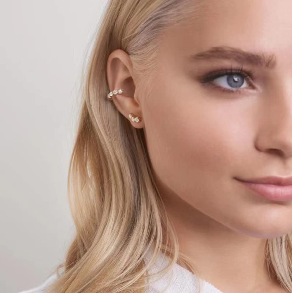 Rockyu ピアス レディース イヤーカフ ゴールド シルバー ピンクゴールド CZダイヤ 多粒 C型 金属アレルギー対応