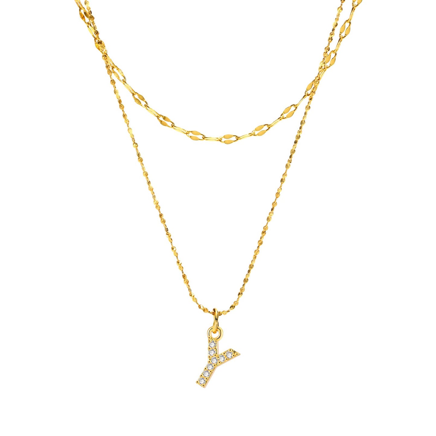 Rockyu イニシャルネックレス レディース ゴールド A〜Z 26文字 ジルコニア 二連チェーン ステンレス製 金属アレルギー対応