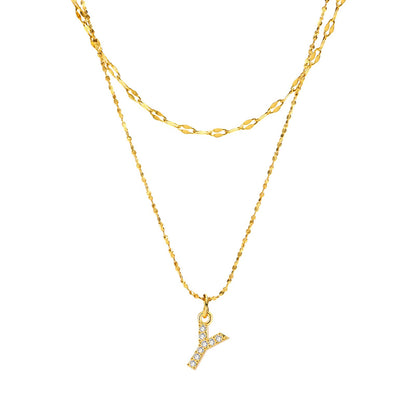 Rockyu イニシャルネックレス レディース ゴールド A〜Z 26文字 ジルコニア 二連チェーン ステンレス製 金属アレルギー対応