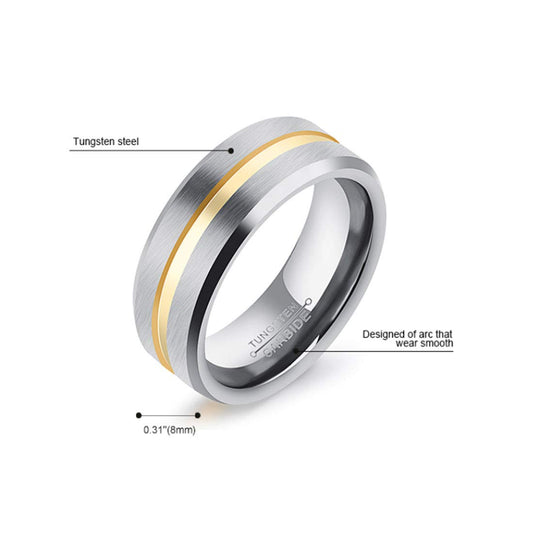 Rockyu メンズリング タングステン シルバー 8mm ヘアライン加工 マット質感 ゴールドライン入り指輪