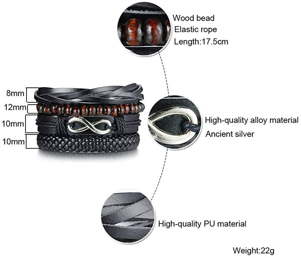 Rockyu ブレスレット メンズ 多重巻き 無限大 インフィニティ PUレザー 木製ビーズ 編み込み 幅広バングル アジアンエスニック ファッションアクセサリー