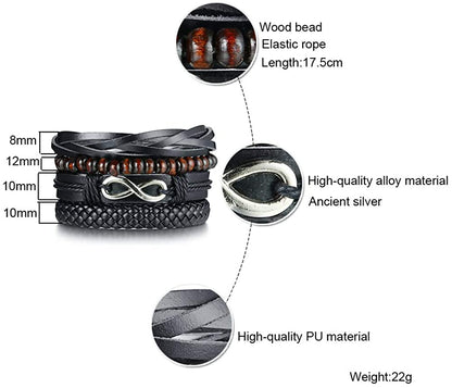 Rockyu ブレスレット メンズ 多重巻き 無限大 インフィニティ PUレザー 木製ビーズ 編み込み 幅広バングル アジアンエスニック ファッションアクセサリー