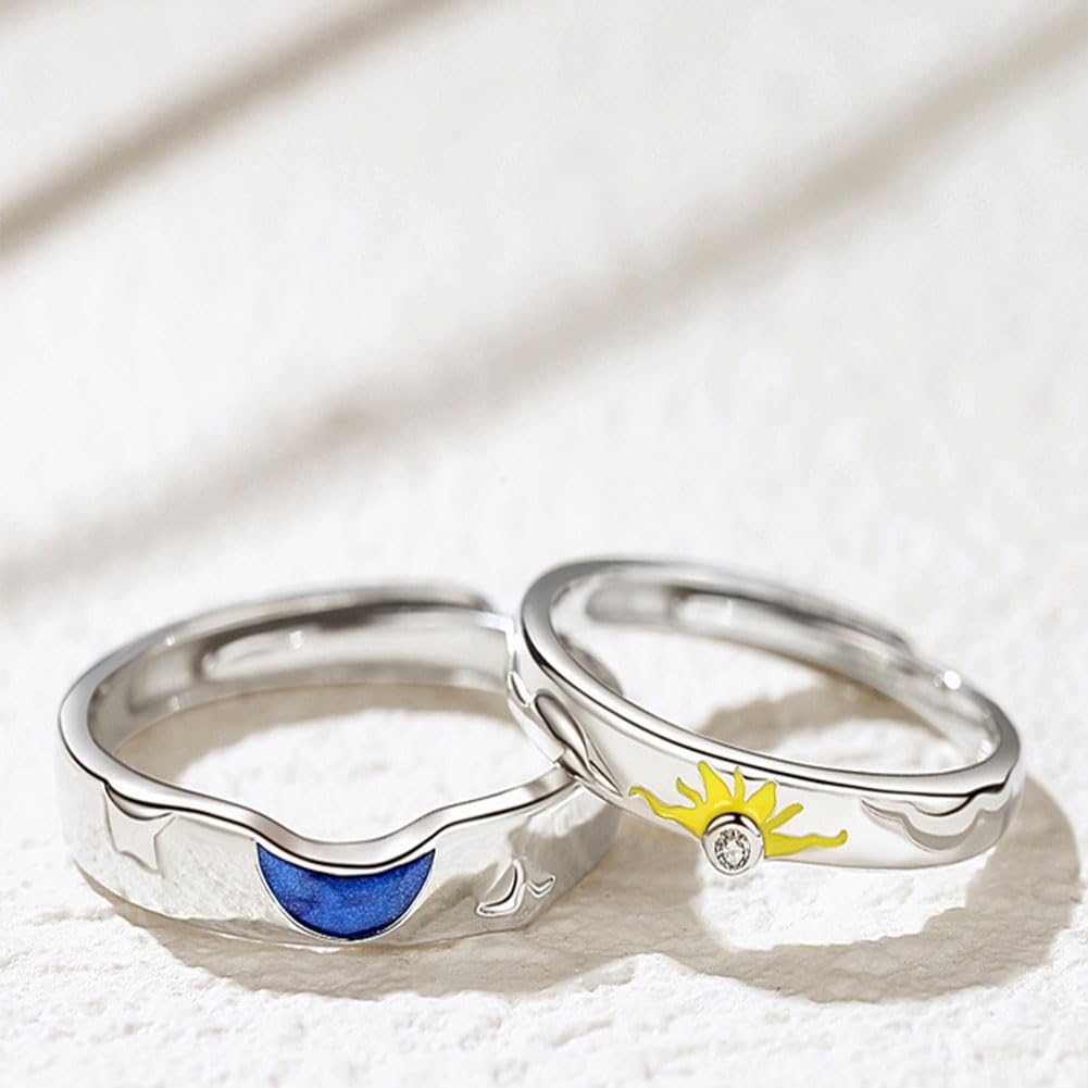 Rockyu 太陽と月のペアリング シルバー925 日月デザイン 指輪 調整可能