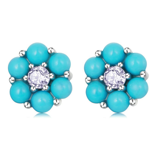 Rockyu フラワーピアス レディース 小さめ トルコ石風 ジルコニア シルバー925 金属アレルギー対応