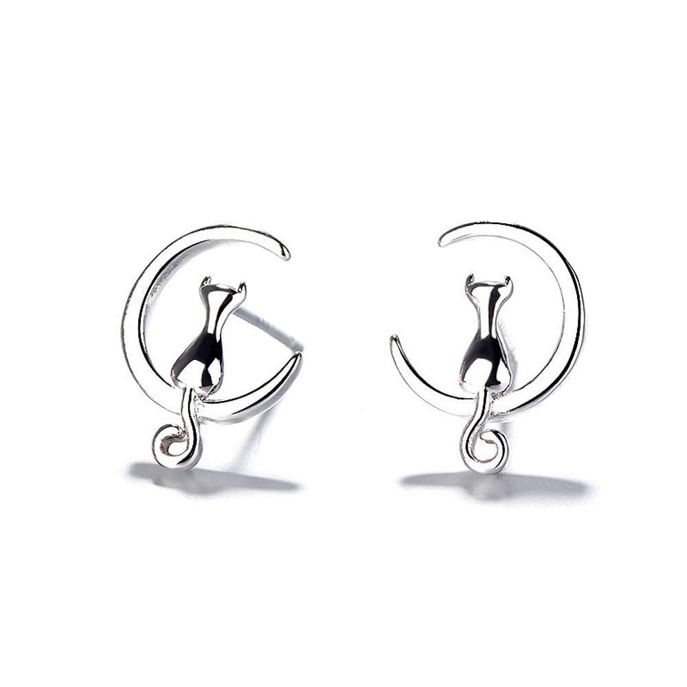 Rockyu レディース ピアス ネコ 三日月 シルバー スタッド 両耳セット 可愛い 小さい