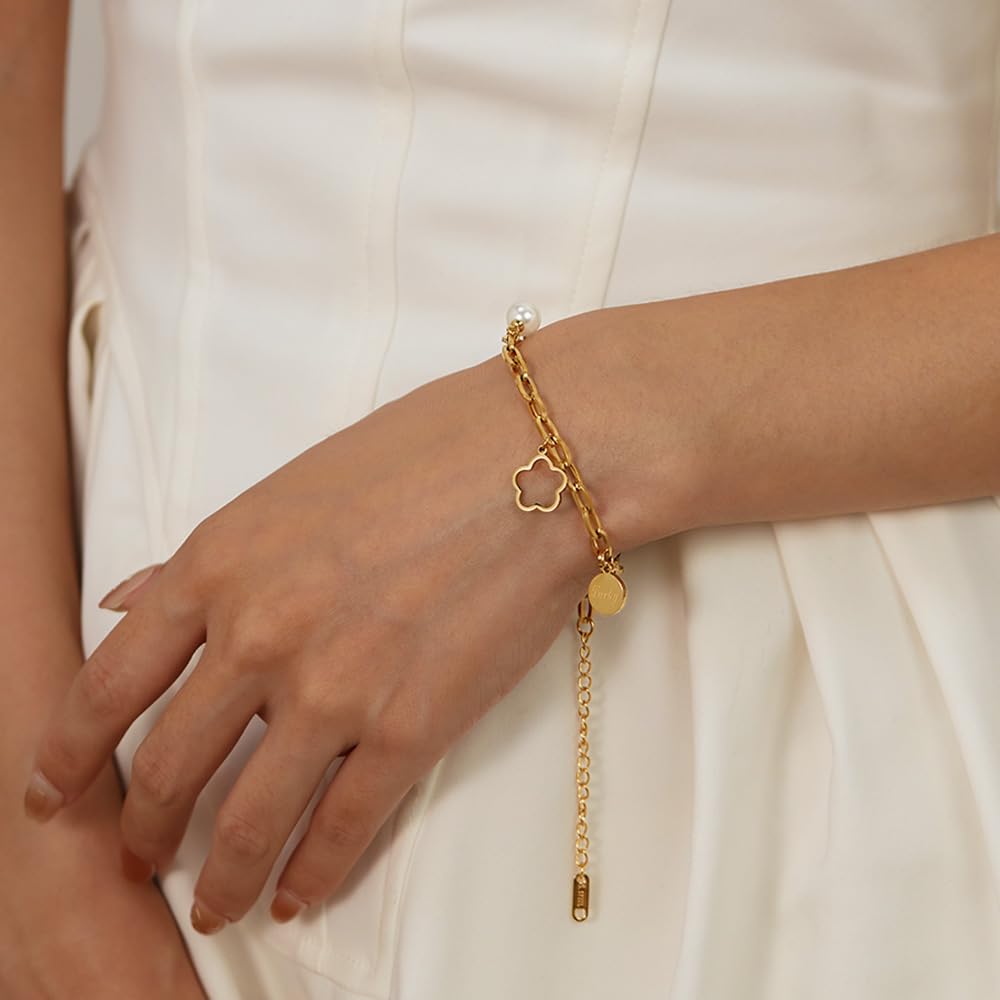 ブレスレット レディース ステンレス製 花モチーフ 18Kゴールド仕上げ パールチャーム付き