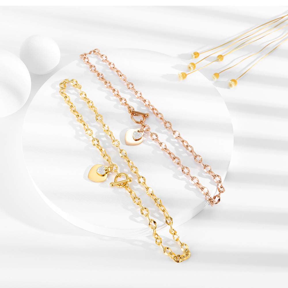 Rockyu レディースハートネックレス ジルコニアチャーム付きチェーンペンダント