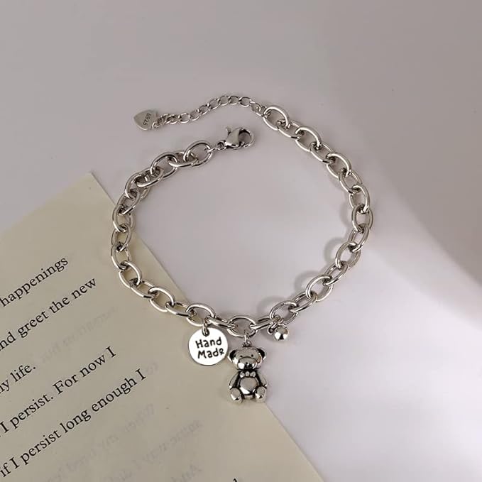 Rockyu ブレスレット レディース 小熊チャーム付き チェーンブレス 錆びにくい チタン風