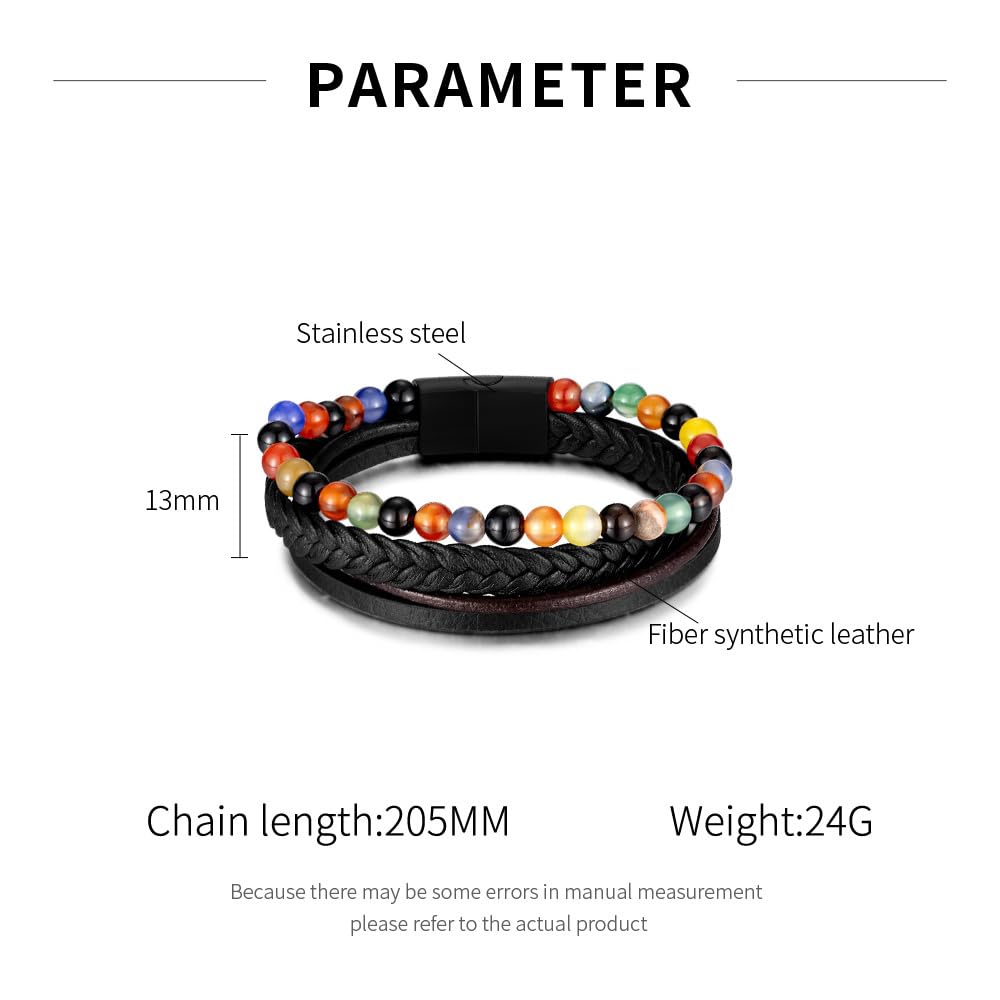 [Rockyu] ブレスレット メンズ 3連 レザー 編み込み 数珠 ビーズ ステンレス マグネット留め 金属アレルギー対応