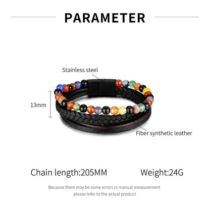 [Rockyu] ブレスレット メンズ 3連 レザー 編み込み 数珠 ビーズ ステンレス マグネット留め 金属アレルギー対応