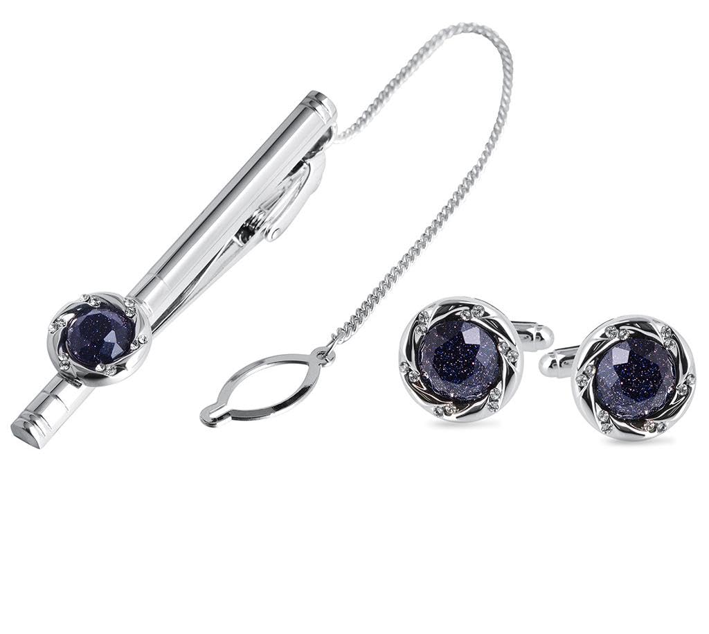 Rockyu カフスボタン＆タイピンセット メンズ ブルーサンドストーン 17mm ラウンド ステンレス製 ビジネス フォーマル ギフト