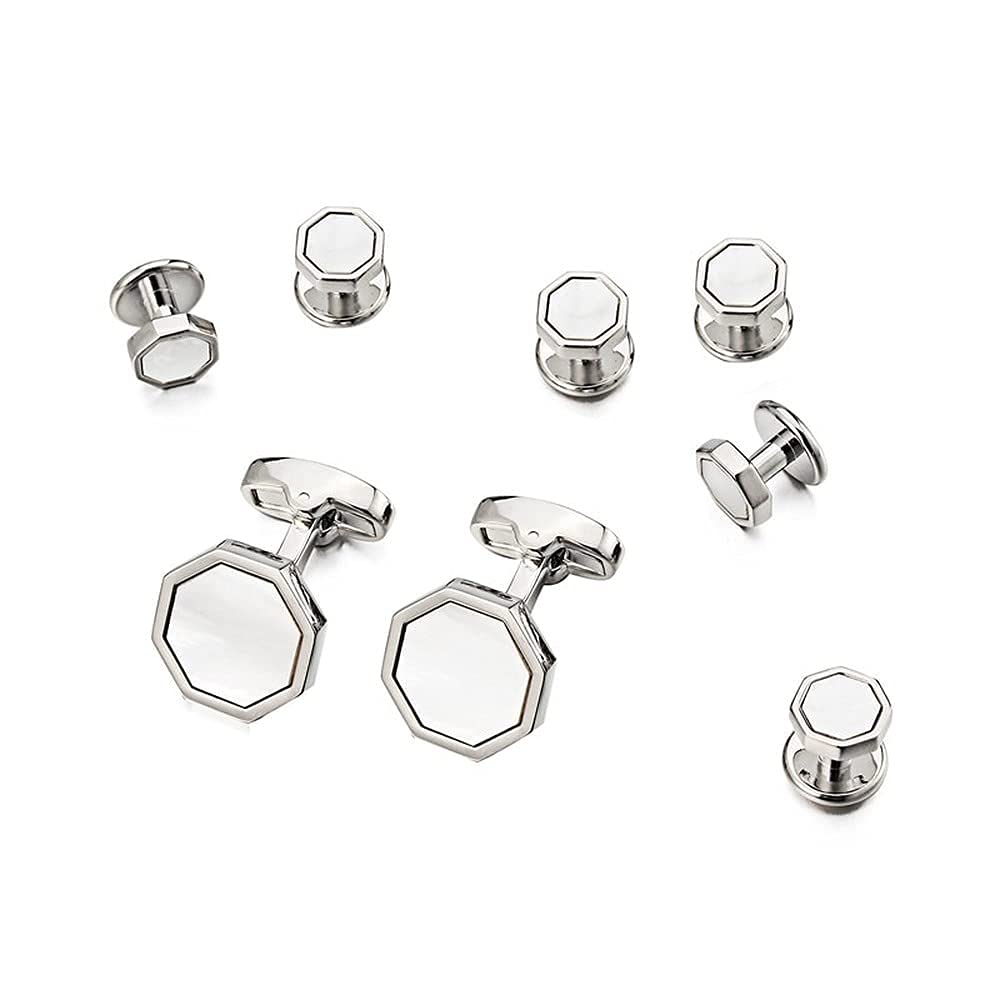 Rockyu カフスボタン メンズ 八角形 シルバー 白蝶貝 ステンレス カフスセット