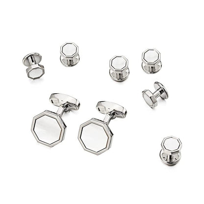 Rockyu カフスボタン メンズ 八角形 シルバー 白蝶貝 ステンレス カフスセット