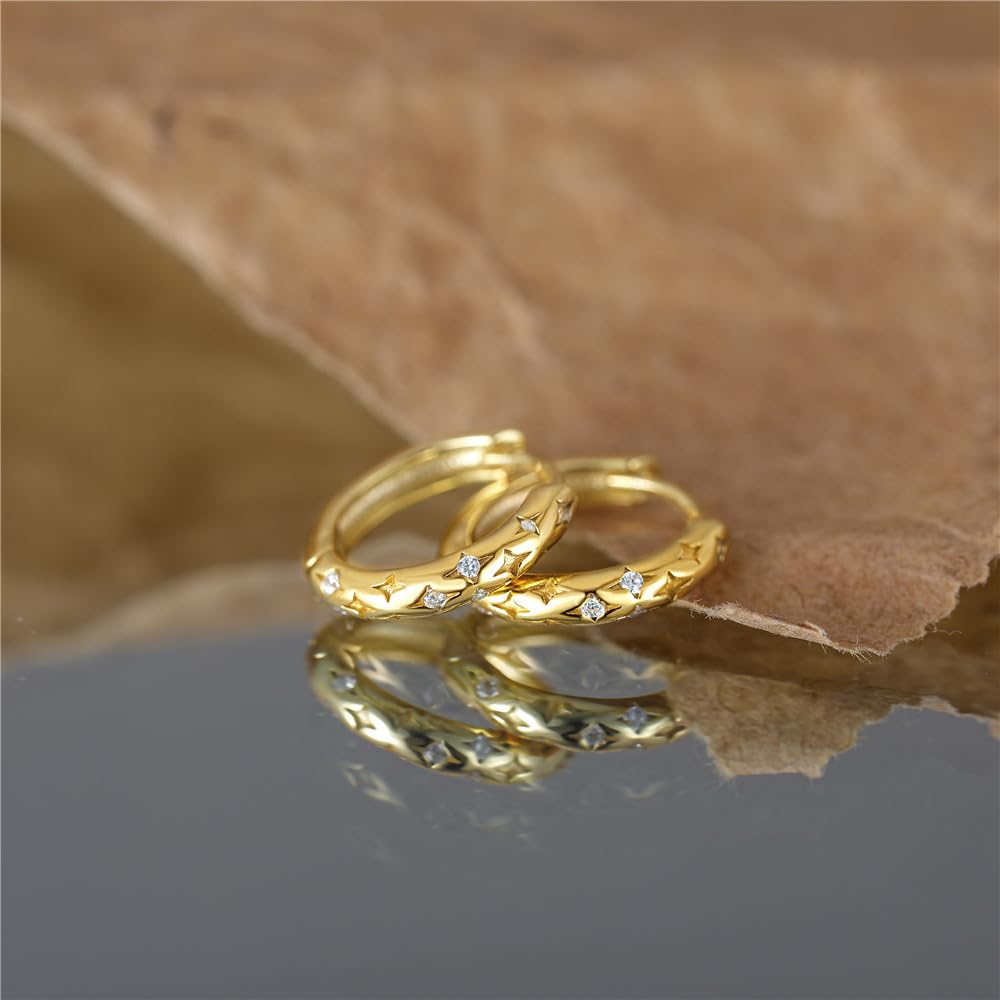 Rockyu ピアス レディース フープ ゴールド＆シルバー 18金メッキ シルバー925 星モチーフ ジルコン付き 軽量