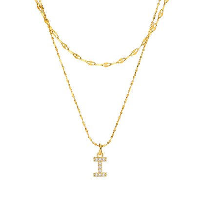 Rockyu イニシャルネックレス レディース ゴールド A〜Z 26文字 ジルコニア 二連チェーン ステンレス製 金属アレルギー対応