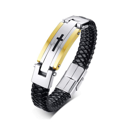 Rockyu ブレスレット メンズ レザー ブラック 十字架 ステンレス 革製バングル シンプル 腕輪