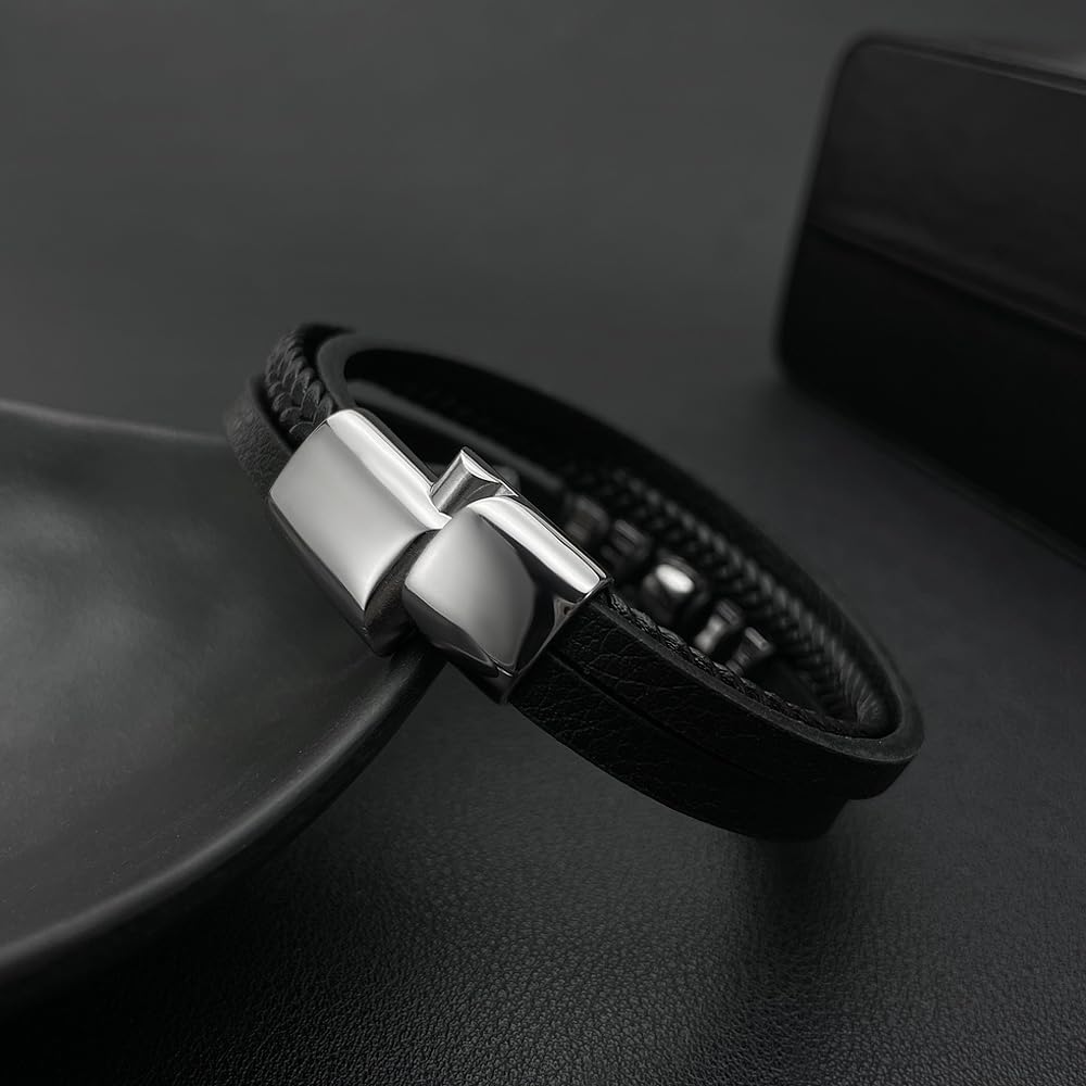 Rockyu メンズ レザーブレスレット 羊頭モチーフ PU革 多層デザイン ブラック