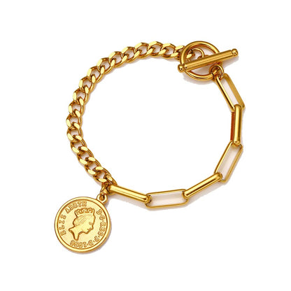 Rockyu ブレスレット レディース ピンクゴールド 18k 女王 エリザベス コインブレスレット おしゃれ ペンダント 十字架風チェーン 誕生日 パーティー プレゼント アクセサリー (ピンクゴールド)