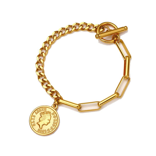 Rockyu ブレスレット レディース ピンクゴールド 18k 女王 エリザベス コインブレスレット おしゃれ ペンダント 十字架風チェーン 誕生日 パーティー プレゼント アクセサリー (ピンクゴールド)