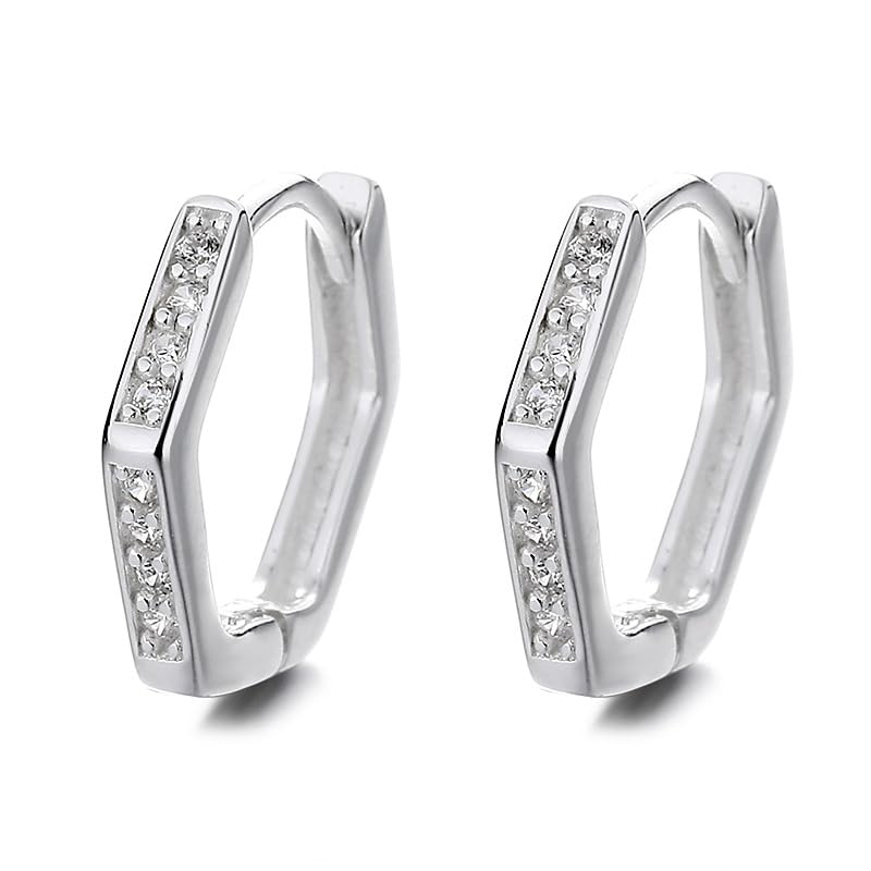 Rockyu ピアス レディース シルバー925 フープ 六角形＆ツイスト 小さめ ジルコニア 男女兼用