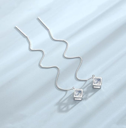 Rockyu ピアス レディース 925純銀 キューブデザイン ロングチェーンピアス 上品 大人かわいい