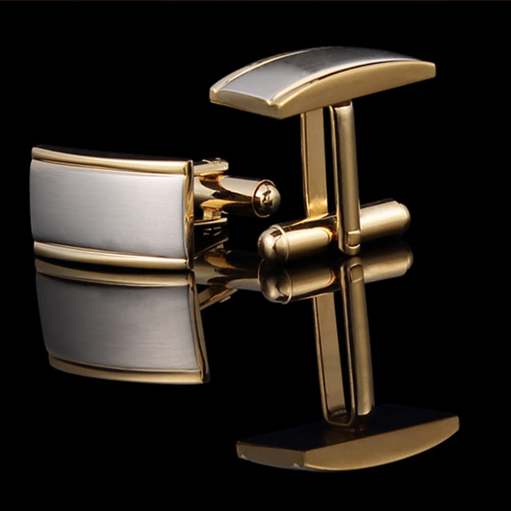 Rockyu カフスボタン メンズ おしゃれ 長方形 シルバー×ゴールド 二色 サテン加工 ビジネス 紳士カフリンクス