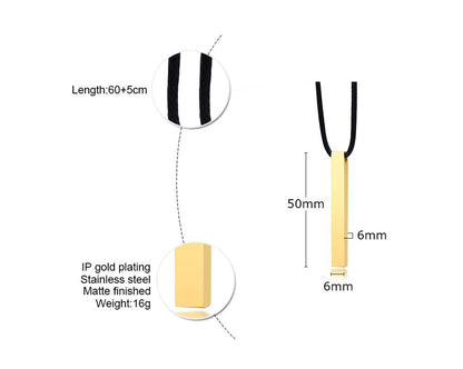 Rockyu スティックネックレス メンズ レディース サージカルステンレス 光面レザーチェーン 長方形ペンダント シルバー・ブラック・ピンクゴールド・ゴールド