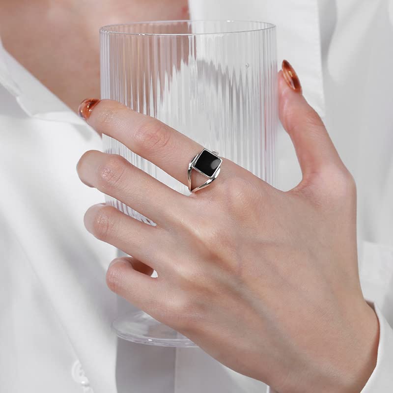 Rockyu シルバー925リング 正方形ブラックストーン 男女兼用 フリーサイズリング