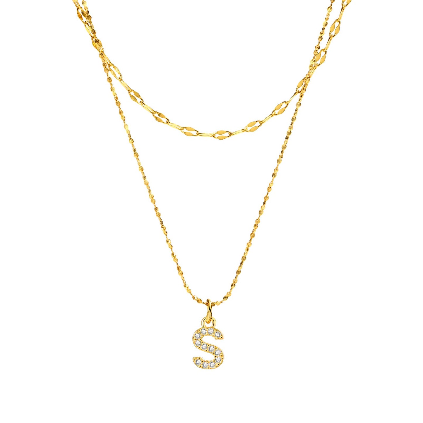 Rockyu イニシャルネックレス レディース ゴールド A〜Z 26文字 ジルコニア 二連チェーン ステンレス製 金属アレルギー対応