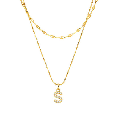 Rockyu イニシャルネックレス レディース ゴールド A〜Z 26文字 ジルコニア 二連チェーン ステンレス製 金属アレルギー対応