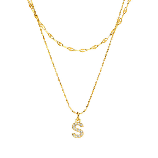 Rockyu イニシャルネックレス レディース ゴールド A〜Z 26文字 ジルコニア 二連チェーン ステンレス製 金属アレルギー対応