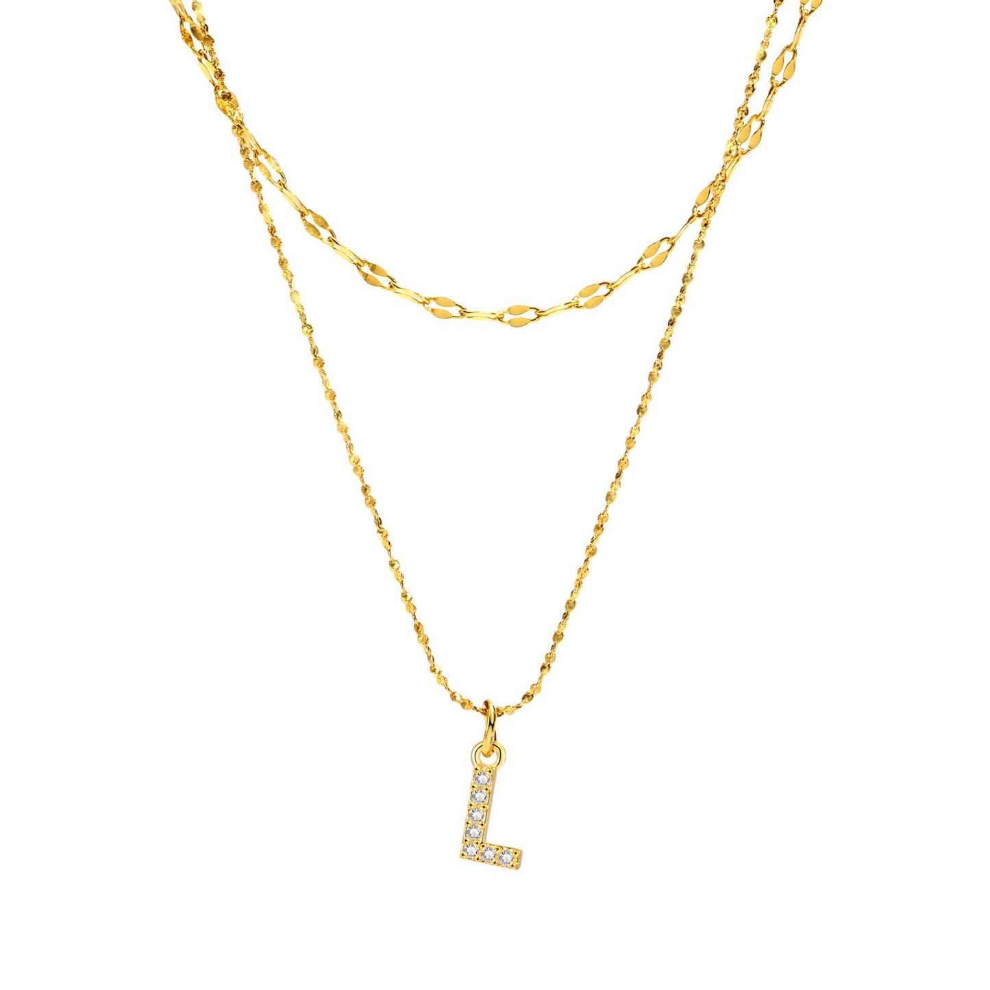 Rockyu イニシャルネックレス レディース ゴールド A〜Z 26文字 ジルコニア 二連チェーン ステンレス製 金属アレルギー対応