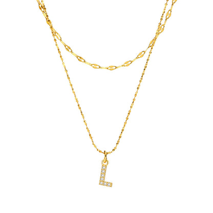 Rockyu イニシャルネックレス レディース ゴールド A〜Z 26文字 ジルコニア 二連チェーン ステンレス製 金属アレルギー対応