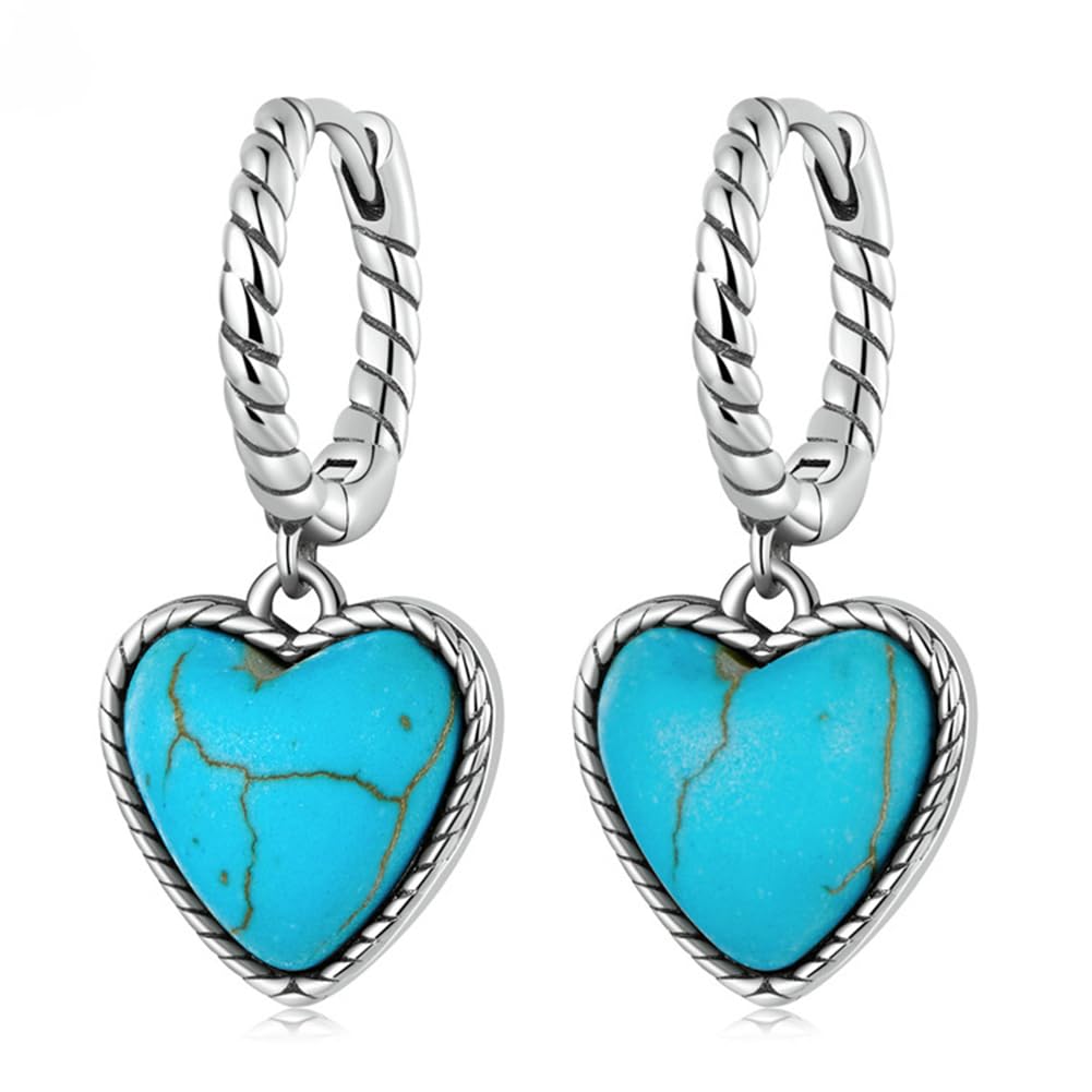 Rockyu シルバー925 ハート×ターコイズ フープピアス（ツイストデザイン）