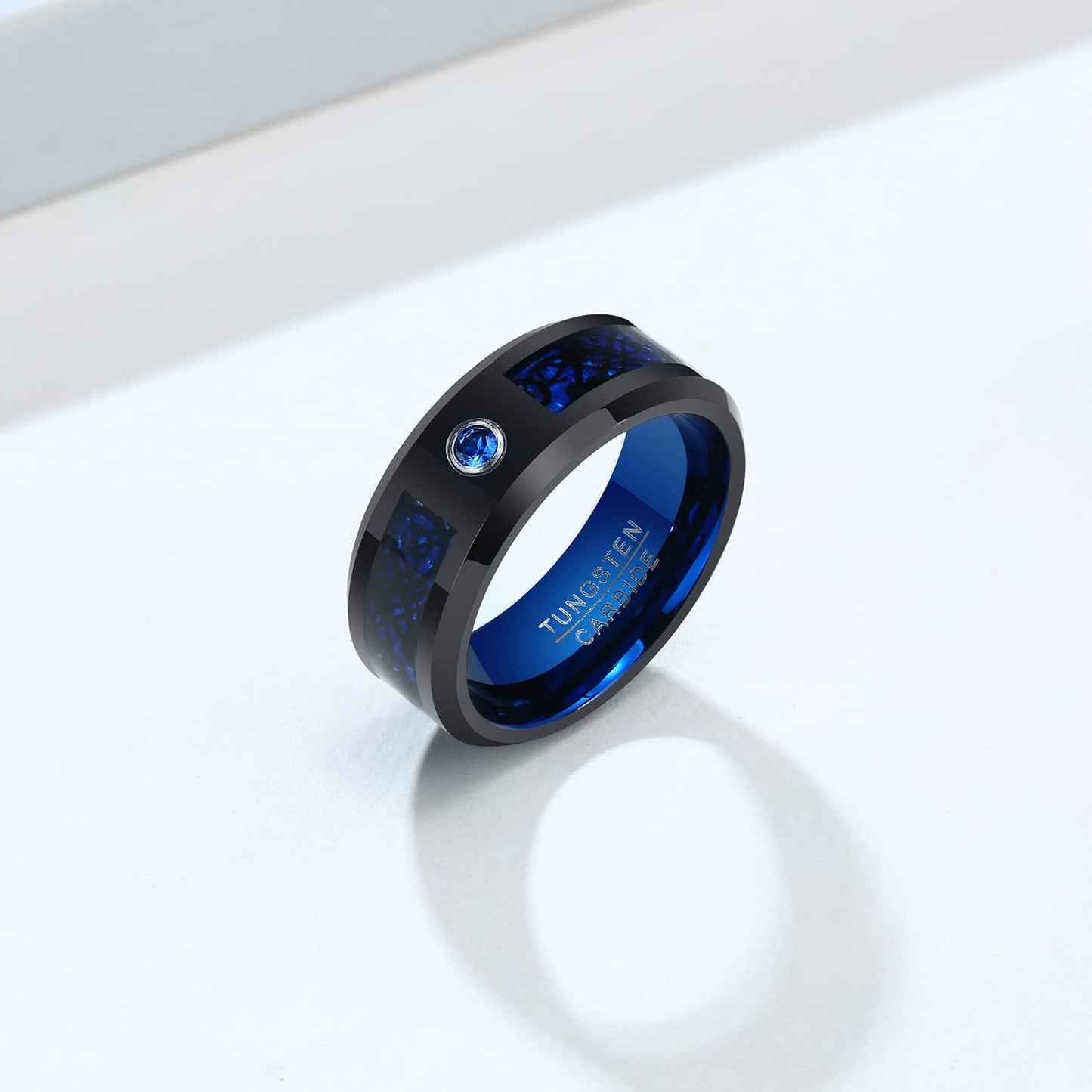 Rockyu タングステンリング メンズ 龍紋デザイン 8mm 幅広 AAAジルコニア ブルー×ブラック