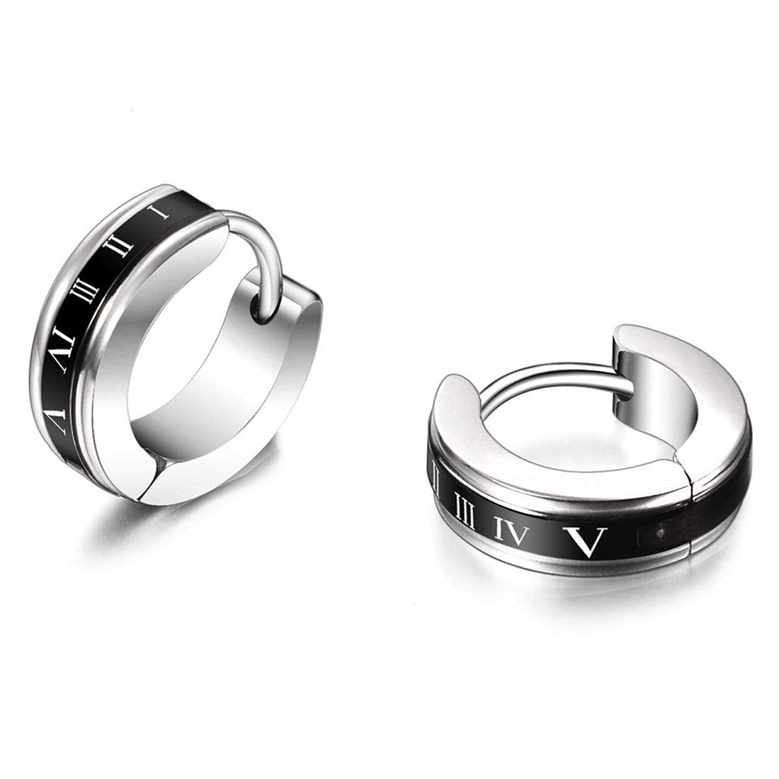 Rockyu メンズフープピアス – ステンレス製 ローマ数字＆ギリシャ風刻印 両耳セット
