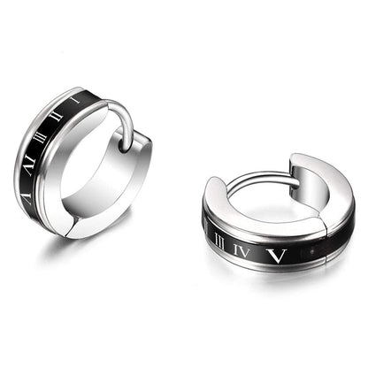 Rockyu メンズフープピアス – ステンレス製 ローマ数字＆ギリシャ風刻印 両耳セット