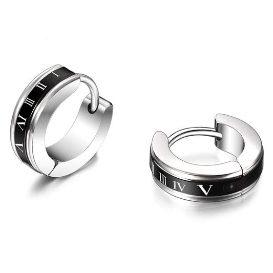 Rockyu メンズフープピアス – ステンレス製 ローマ数字＆ギリシャ風刻印 両耳セット