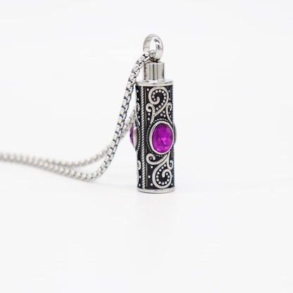 Rockyu ネックレス メンズ ステンレス シルバー 円柱 ジルコニア メモリアルペンダント 手元供養 遺骨ネックレス