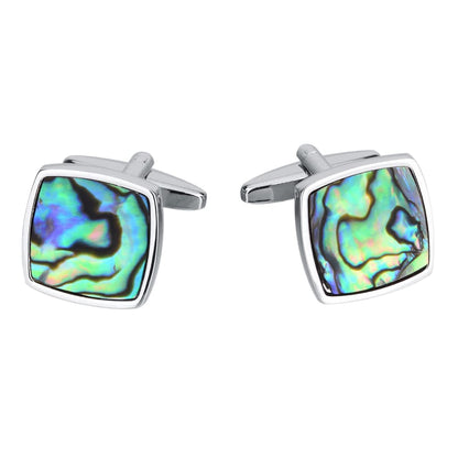 Rockyu 天然貝殻カフスボタン メンズ 正方形デザイン シルバーフレーム ビジネス＆フォーマル