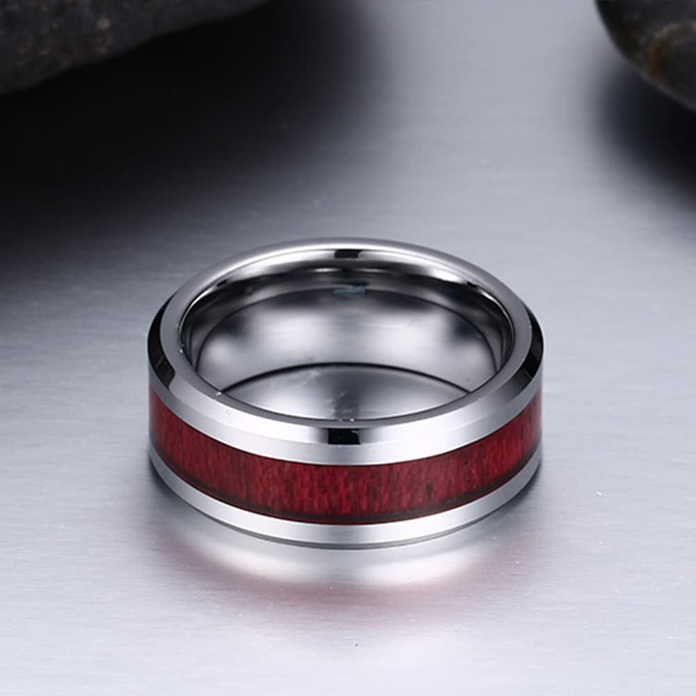 Rockyu タングステンウッドインレイリング メンズ｜8mm幅 シルバー×木目 マット仕上げ