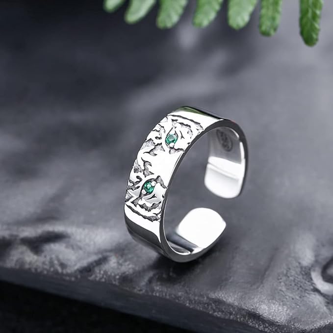 Rockyu タイガーリング メンズ レディース シルバー925 フリーサイズ グリーンストーン 金属アレルギー対応