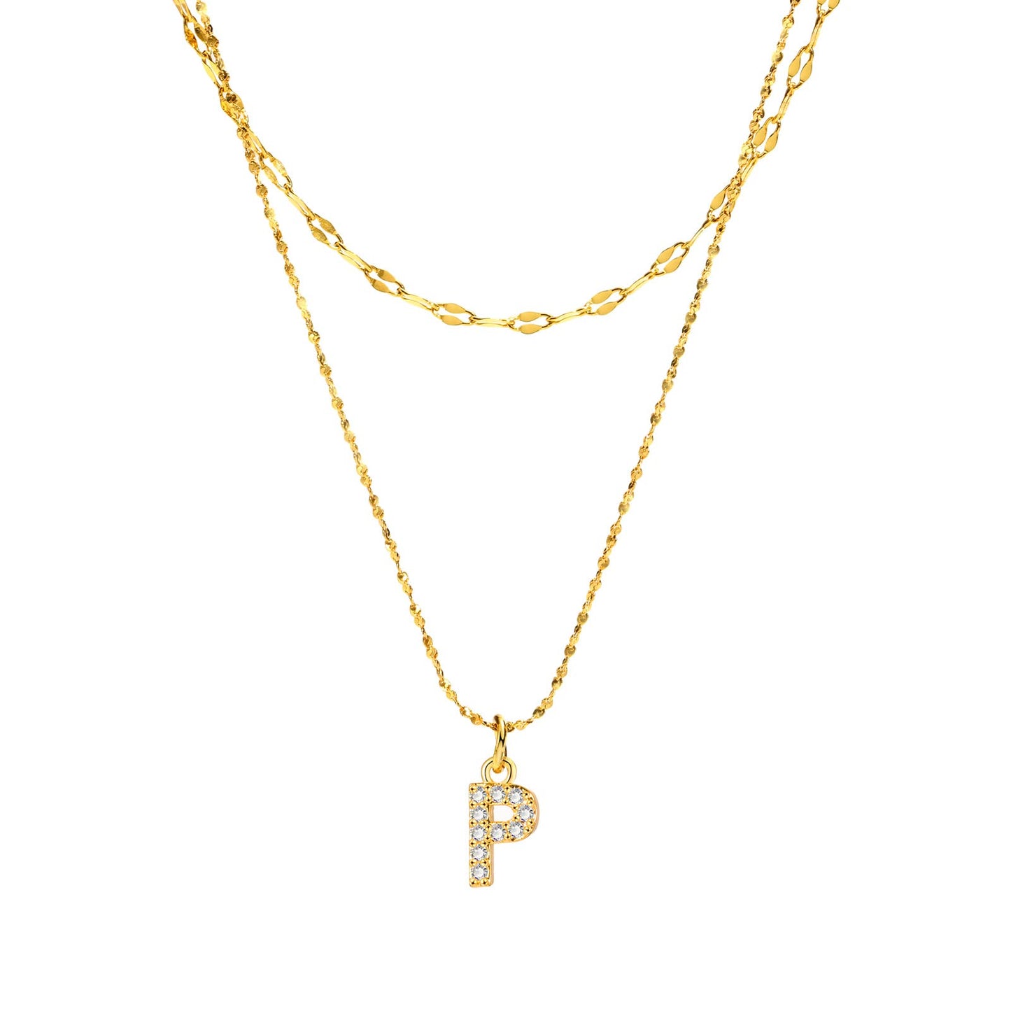 Rockyu イニシャルネックレス レディース ゴールド A〜Z 26文字 ジルコニア 二連チェーン ステンレス製 金属アレルギー対応