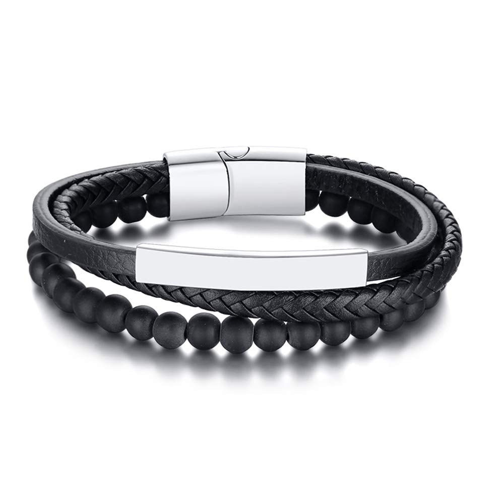 Rockyu ブレスレット メンズ レディース レザー ブラック ステンレス 3連 編み込み ビーズ 腕輪