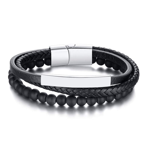 Rockyu ブレスレット メンズ レディース レザー ブラック ステンレス 3連 編み込み ビーズ 腕輪