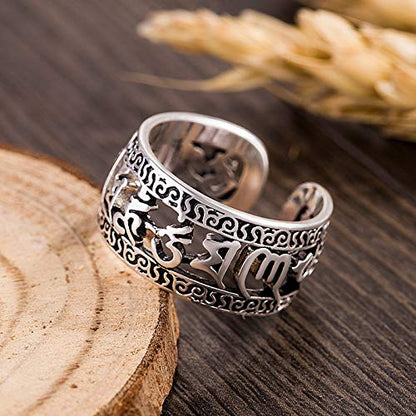 Rockyu 指輪 メンズ フリーサイズ 六字真言シルバーリング 厄除け・お守り アンティーク風